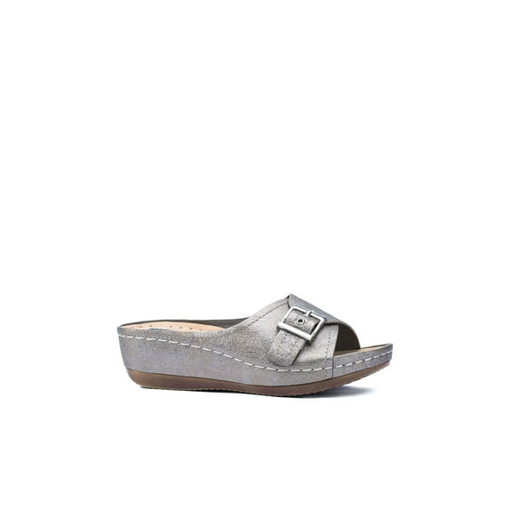 GOOD CHOICE Womens Silver 1/2" Platform Adjustable Buckle Accent Cushioned Justina Round Toe Wedge Slip On Slide Sandals 7
