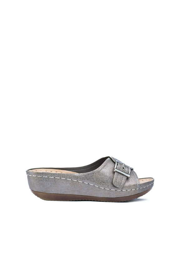 Womens Silver Adjustable Comfort Padded Buckle Accent Cushioned Justina Round Toe Wedge Slip On Slide Sandals 8.5