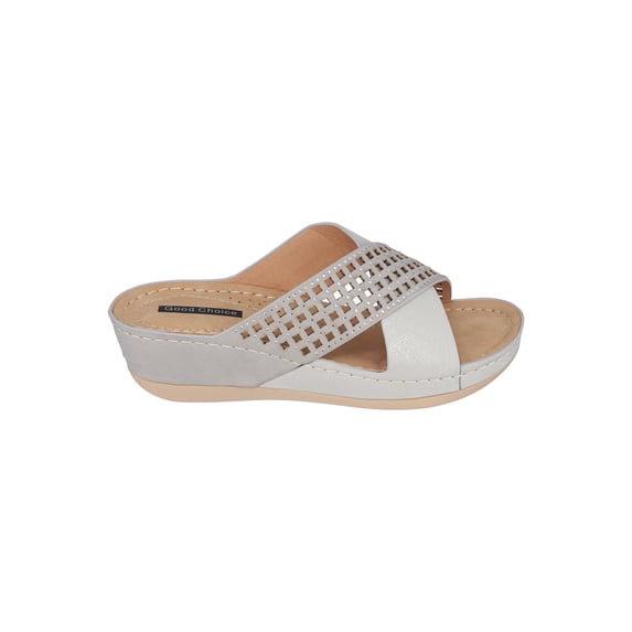 GOOD CHOICE Womens Silver Mixed Media 1" Platform Cushioned Embellished Perforated Isabella Open Toe Wedge Slip On Sandals Shoes 6.5
