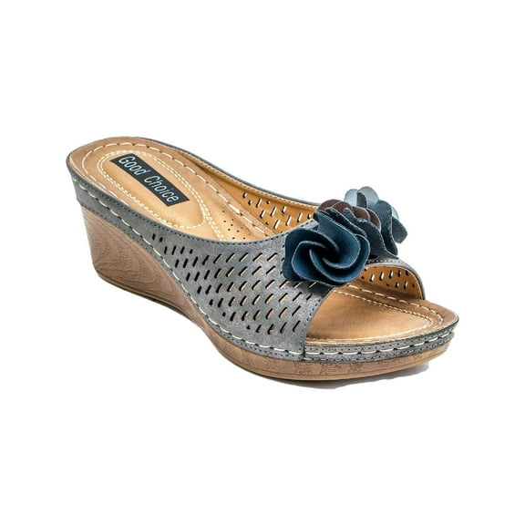 GOOD CHOICE Womens Silver Ruffled Flower 1" Platform Cushioned Juliet Wedge Slip On Sandals 9.5