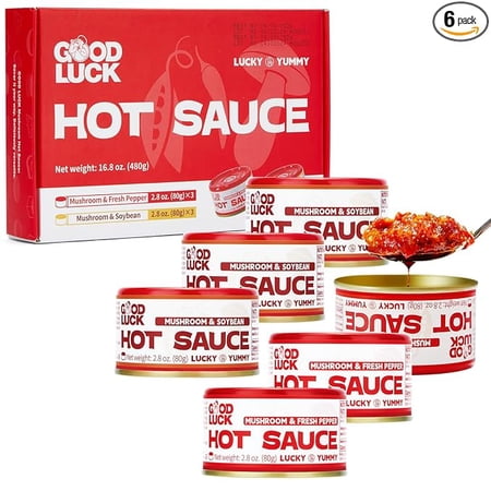 GOOD LUCK Mushroom Hot Sauce, Premium Spicy Chili Oil & Chili Paste with High-Grade Mushroom, 6 Pack - 2 Flavors, Fresh Pepper,Soybean, Instant Mushroom Sauce, Chopped Chili Sauce, 2.8 oz/can