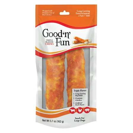 Good ’n’ Fun Triple Flavor Chews, 7 Inch Rolls, Rawhide Chews for Dogs, 2 Count