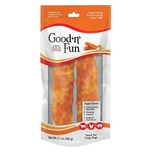 Good ’n’ Fun Triple Flavor Chews, 7 Inch Rolls, Rawhide Chews for Dogs, 2 Count