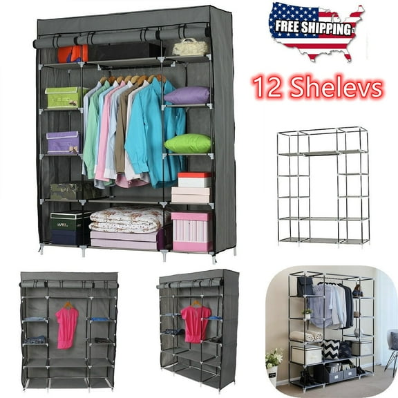 GOOD OFFER! Portable Heavy Duty Clothes Closet Wardrobe Storage Organizer With 12 Shelves & 1 Clothes Hanging Rail,(133x46x170cm)-Gray
