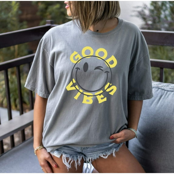 GOOD VIBES SMILEY FACE Garment Dyed Graphic T-Shirt