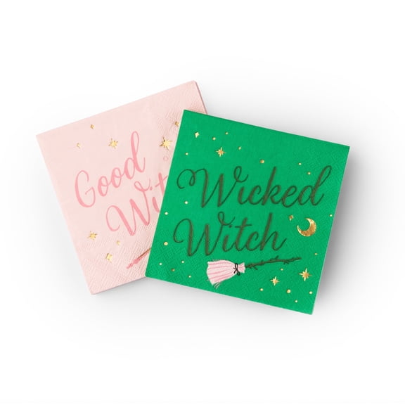 Bonjour Fte Pink and Green Witch Cocktail Paper Napkins, Disposable Party Supplies, 20 Count, Small, Beverage Size, Birthday Party, Halloween