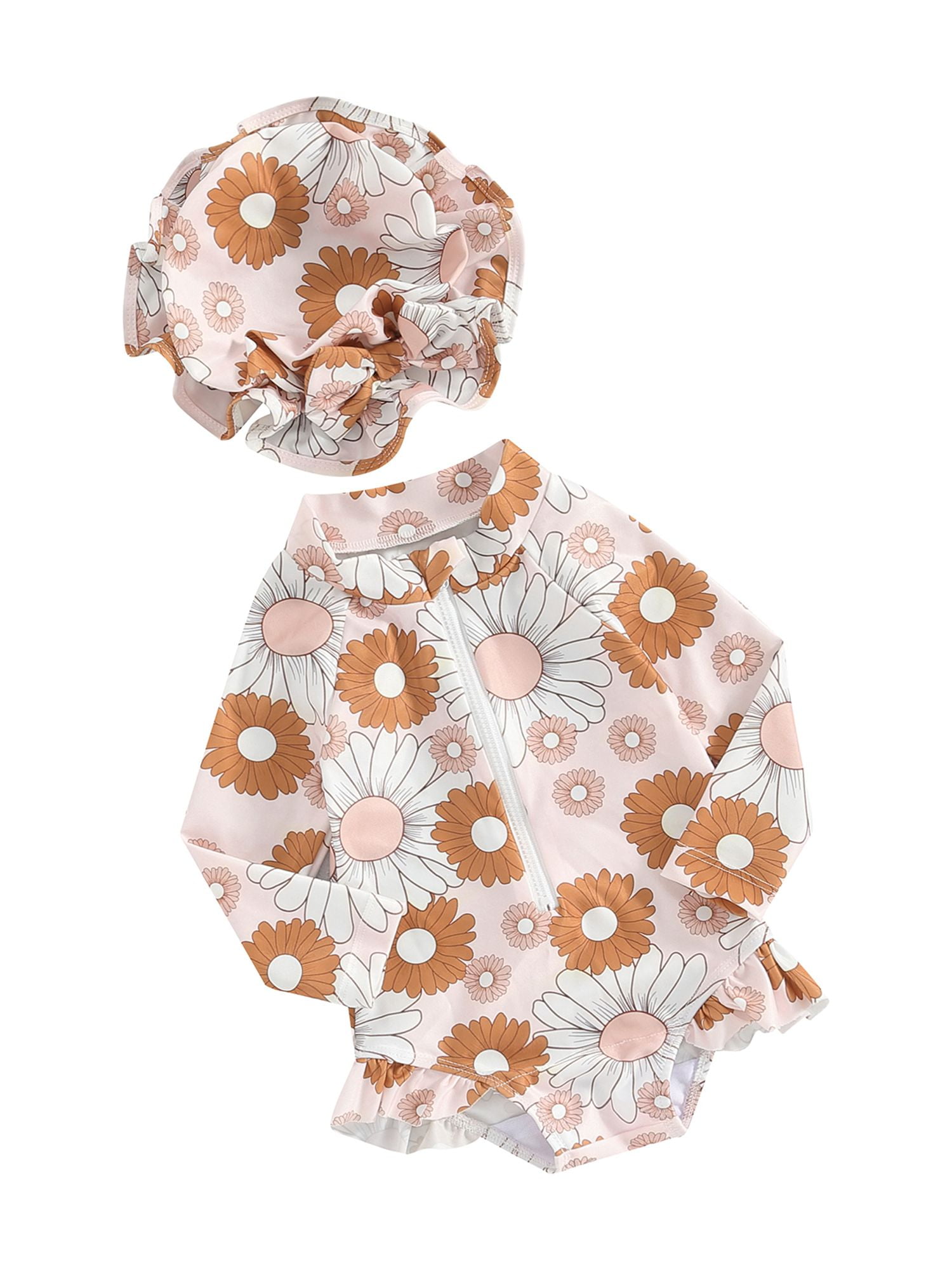 GOODLUCKY Baby Girl Bathing Suit Set, Zip Up Rash Guard Swimsuit + Sun