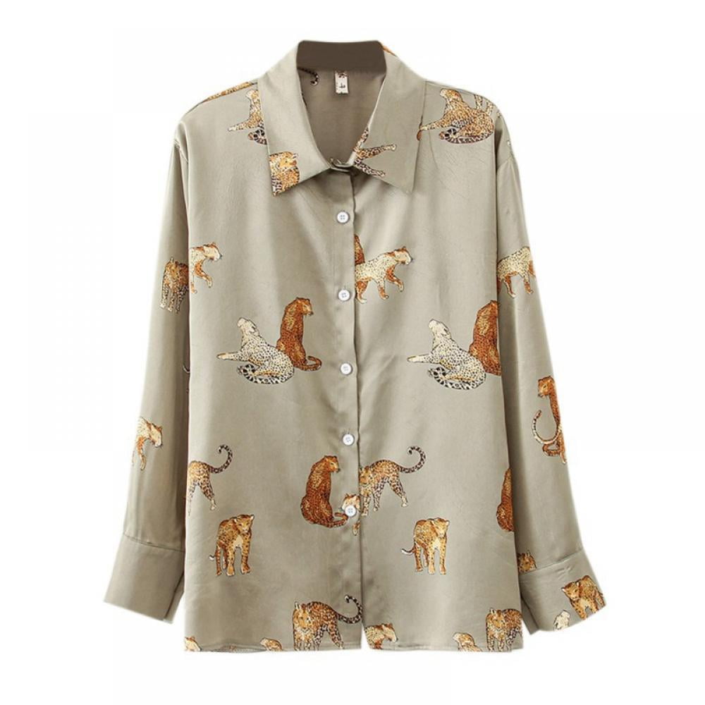GOODLY Fashion Leopard Animal Print Longsleeved Shirt Top Women
