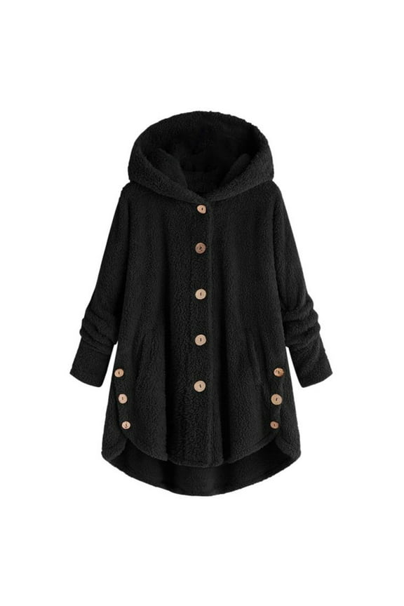 Hooded Coat Womens Plush Jacket with Cat Ear Pocket Fleece Casual Overcoat Long Sleeve Coat,Black,L