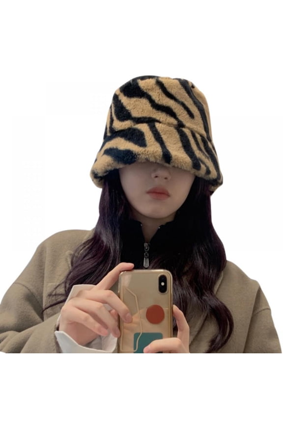 Women Winter Fluffy Plush Bucket Hat Ladies Warm Retro Cow Print Faux Fur Fisherman Cap Hat