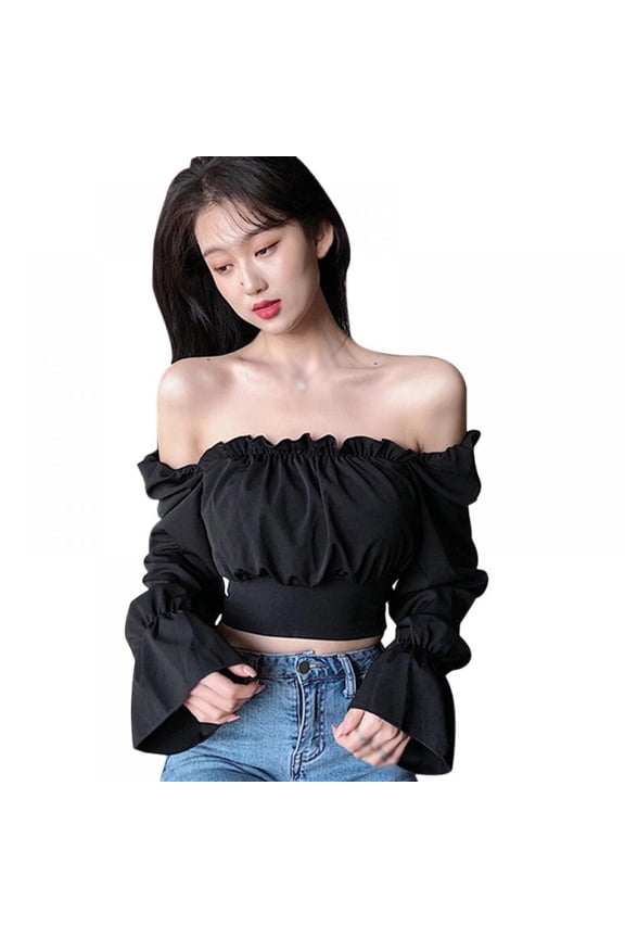 Womens Bandage Tops Backless Off Shoulder T-shirt Long Sleeve Crop Navel Exposed Top Tees