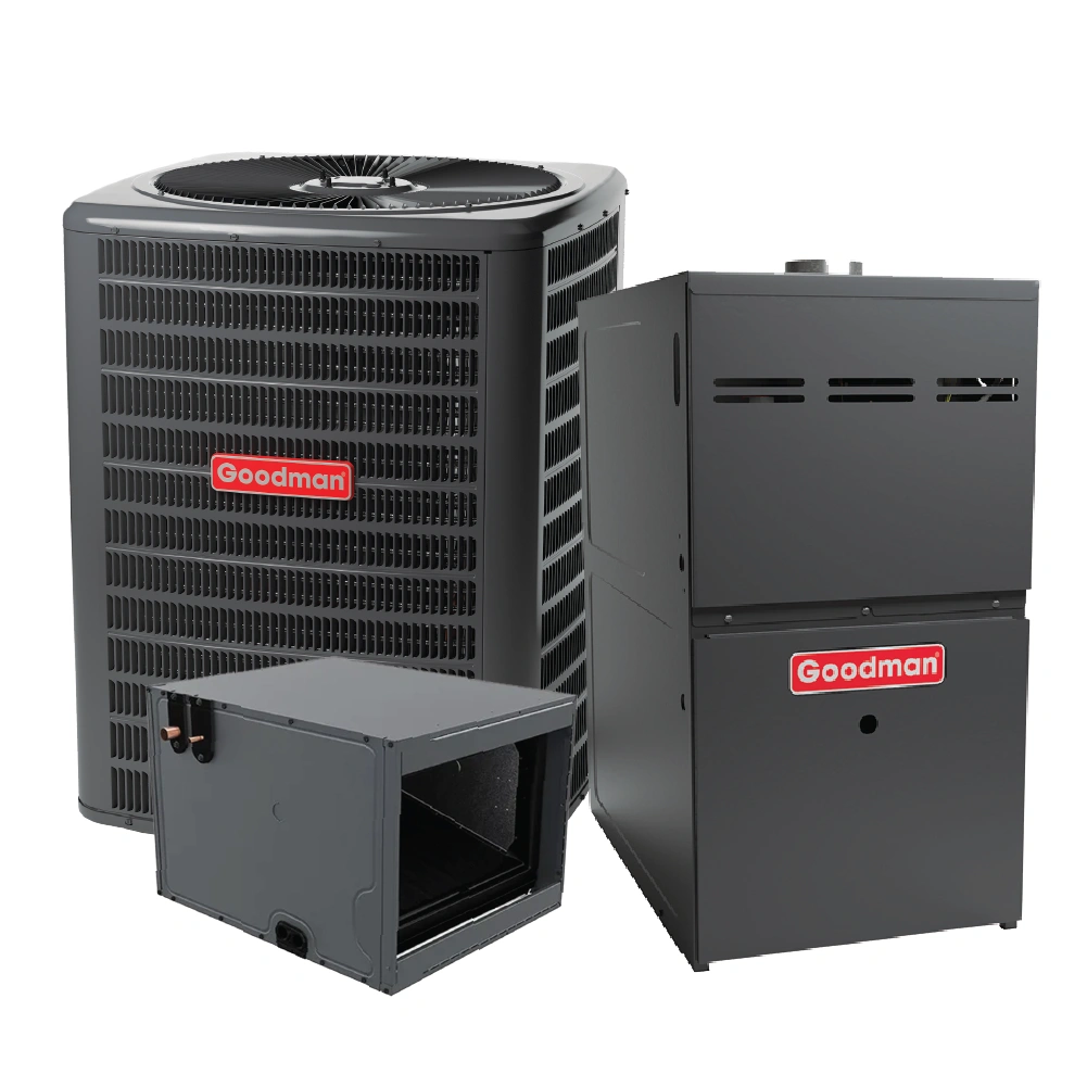 Goodman 3.5 TON 14.3 SEER2 Condenser, 80% AFUE 80k BTU (21" Wide) Furnace With Matched Coil, Programmable Thermostat, Power Whip And Disconnect