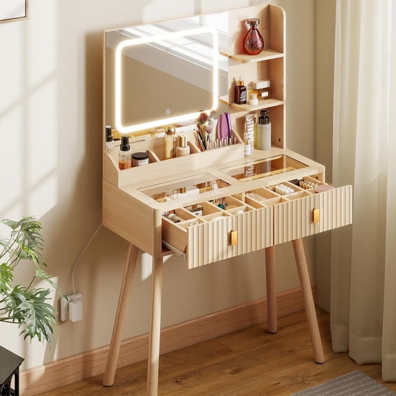 GOODONE 31.5" Fluted Vanity Desk with Mirror LED Lights, Makeup Desk with 2 Drawers, Dressing Table with Transparent Glass Top Built-in Dividers for Bedroom, 31.5 * 15.7 * 53.8in(Natural Oak)