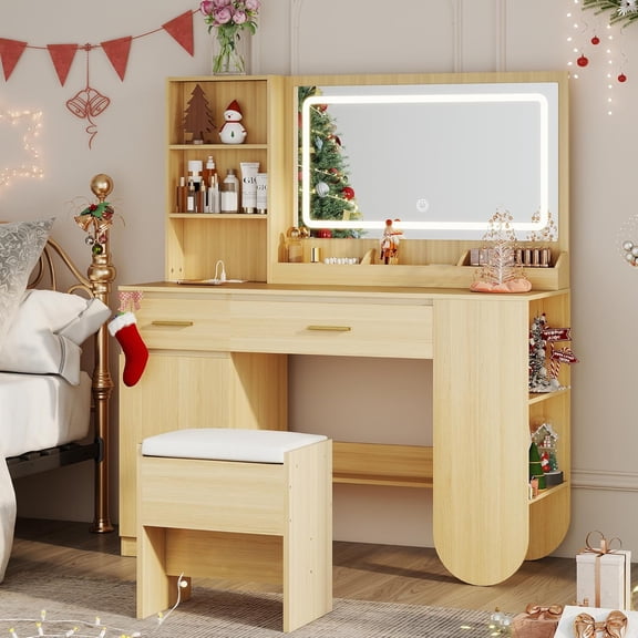 GOODONE 47'' Wood Vanity Desk with Mirror and Lights, Makeup Vanity Set with 2 Drawers, 2 Storage Shelves & 1 Cabinet, Power Outlet, Stool, Dressing Table for Bedroom, Nature