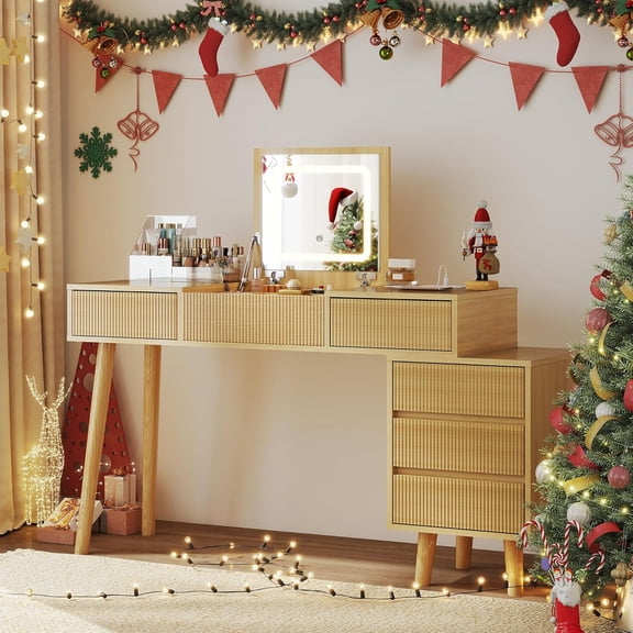 GOODONE 55 Fluted Vanity Desk with Flip Top Mirror and Lights, 3 in 1 Vanity Table with 5 Drawers, Hidden Mirror Desk for Bedroom Home Office, Nature