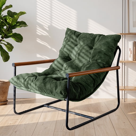GOODONE Accent Chair for Adults,Modern Corduroy Upholstered Armchair with Metal Frame Wooden Armrest for Living Room,Bedroom,DGreen