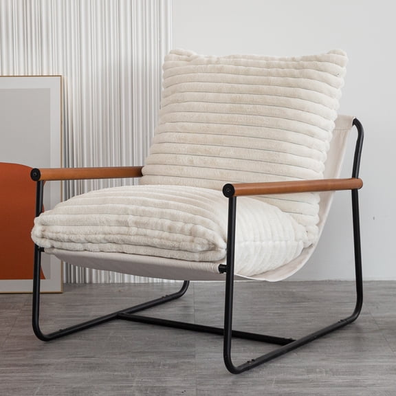 GOODONE Accent Chair for Adults,Plush Arm Chair with Wooden Arms Metal Frame for Living Room,Bedroom,White