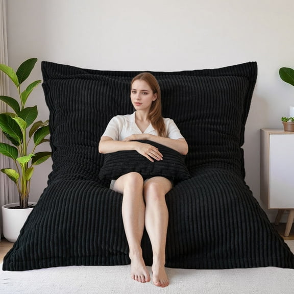 GOODONE Bean Bag Chair with Pillow,3-in-1 Convertible Bean Bag Bed with Removable Cover for Adult,Corduroy Floor Lounger,Suitable for Living Room and Bedroom,Black
