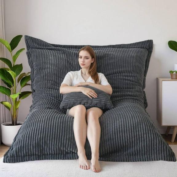 GOODONE Bean Bag Chair with Pillow,3-in-1 Convertible Bean Bag Bed with Removable Cover for Adult,Corduroy Floor Lounger,Suitable for Living Room and Bedroom,DGrey