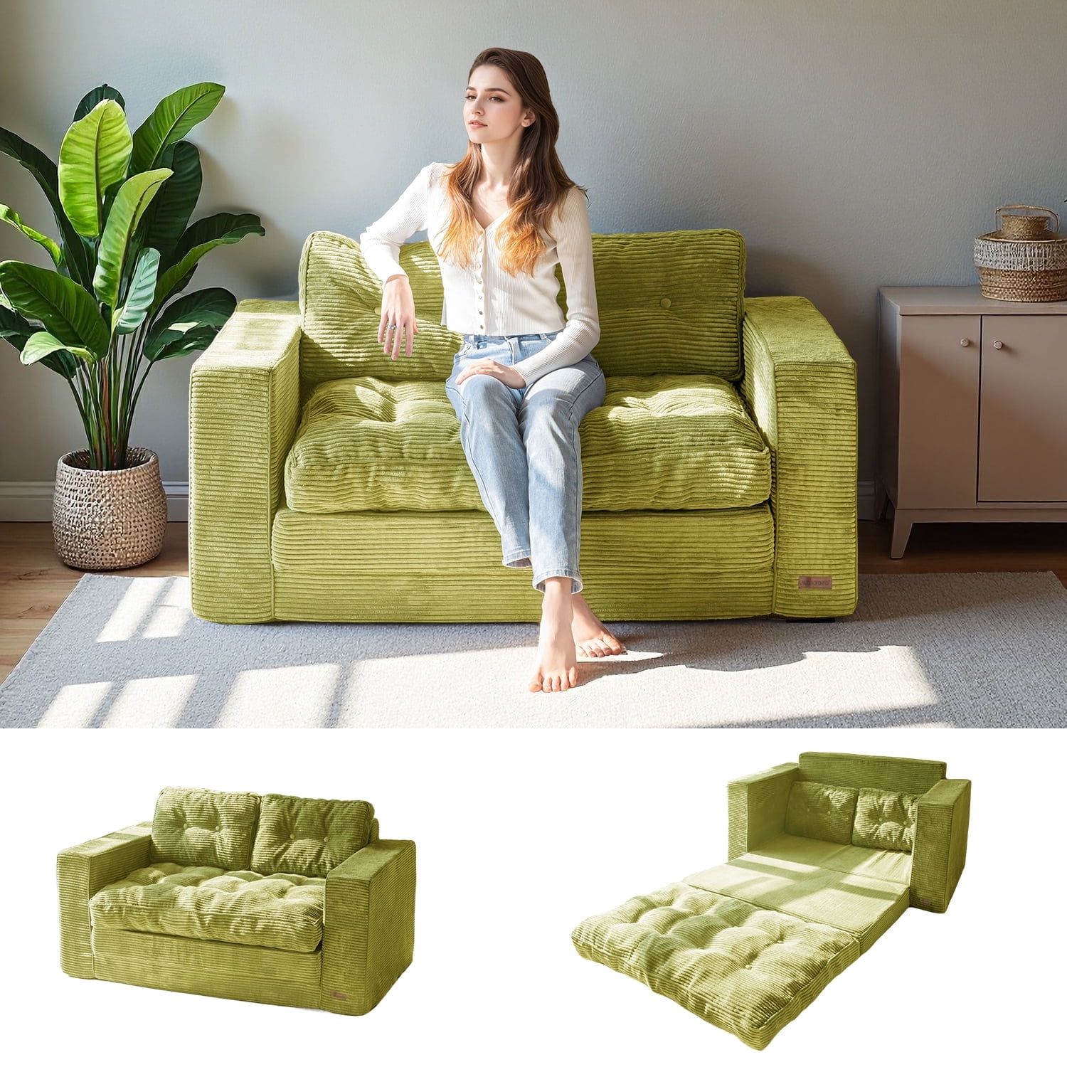 GOODONE Convertible Sofa Bed,Pull Out Couch Beds Loveseat Sleeper,2 in 1 Folding Couch Bed with Pillows for Living Room Bedroom,Green