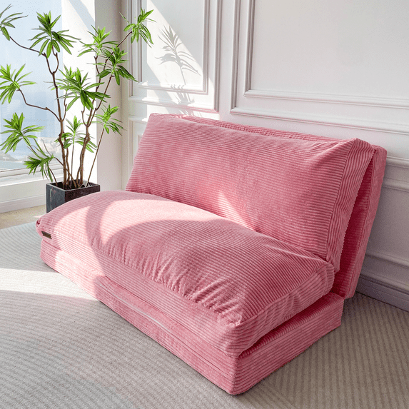 GOODONE Folding Beanbag Sofa Bed,Corduroy Memory Foam Convertible Floor Mattress,with Removable and Washable Cover,Suitable for Adults,Ideal for Living Room and Bedroom,Pink,Full
