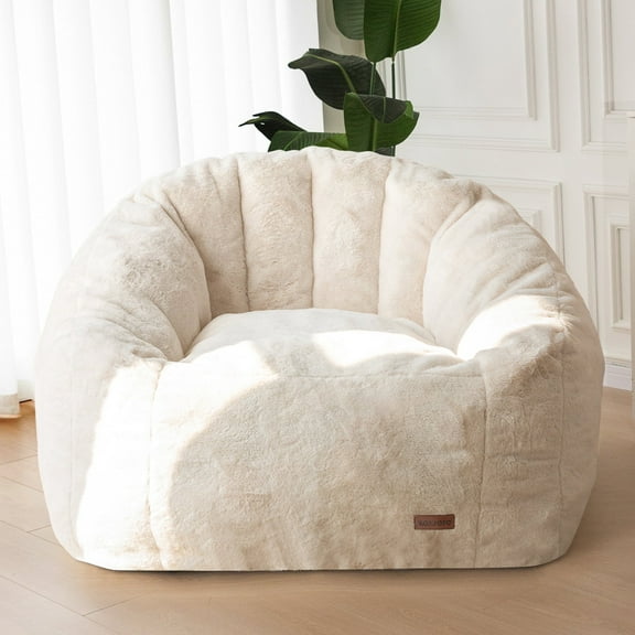 GOODONE Giant Bean Bag Chair,Bean Bag Sofa Filled with High Density Foam,Faux Fur Shell Shape Large Bean Bag Chair for Bedroom,Living Room,Beige