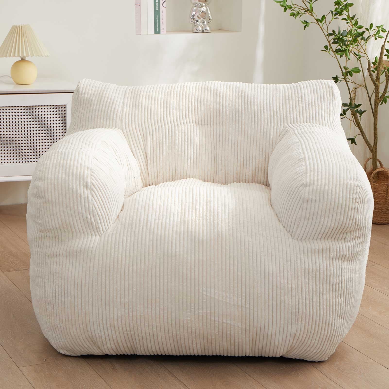 GOODONE Giant Bean Bag Chairs for Adults,Big Comfy Chair Sofa for Bedroom Living Room, Large Lazy Bean Bag Chair with Pocket Armrests for Gaming, Reading,Beige,L