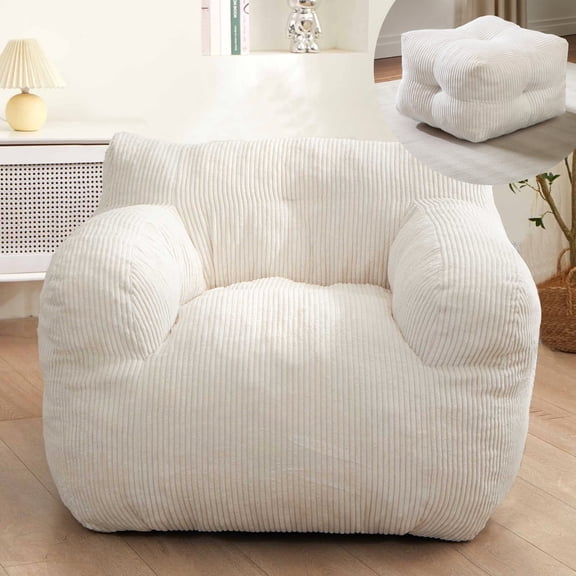 GOODONE Giant Bean Bag Chairs for Adults With Ottoman,Big Comfy Chair Sofa for Bedroom Living Room,Large Lazy Bean Bag Chair with Pocket Armrests for Gaming,Reading,Beige,L