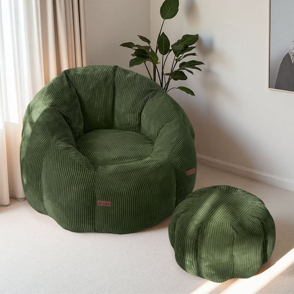 GOODONE Pumpkin-Shaped Bean Bag Chair with Ottoman,High Elasticity Giant Lazy Sofa,Oversized Reading Chair with Footstool,Floor Sofa Suitable for Bedroom and Living Room,Green