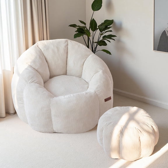 GOODONE Pumpkin-Shaped Bean Bag Chair with Ottoman,High Elasticity Giant Lazy Sofa,Oversized Reading Chair with Footstool,Floor Sofa Suitable for Bedroom and Living Room,Beige
