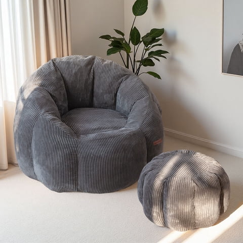 GOODONE Pumpkin-Shaped Bean Bag Chair with Ottoman,High Elasticity Giant Lazy Sofa,Oversized Reading Chair with Footstool,Floor Sofa Suitable for Bedroom and Living Room,DGrey