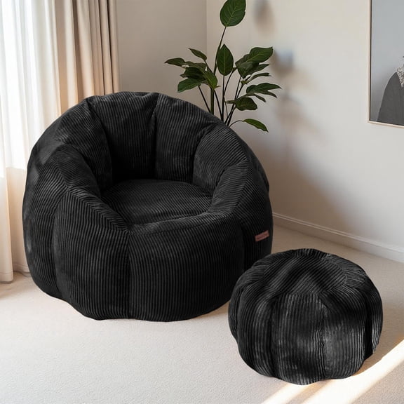 GOODONE Pumpkin-Shaped Bean Bag Chair with Ottoman,High Elasticity Giant Lazy Sofa,Oversized Reading Chair with Footstool,Floor Sofa Suitable for Bedroom and Living Room,Black