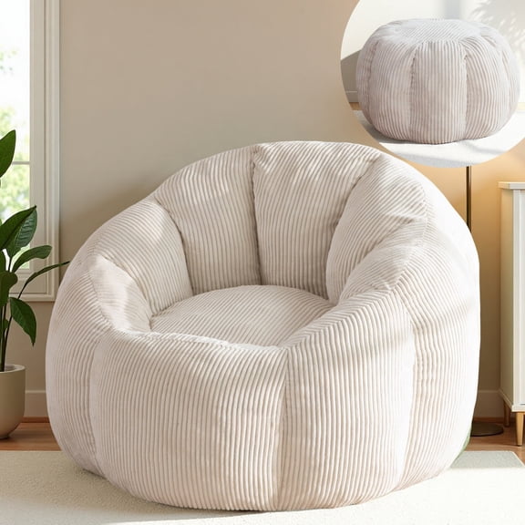 GOODONE Pumpkin-Shaped Bean Bag Chair with Ottoman,High Elasticity Giant Lazy Sofa,Oversized Reading Chair with Footstool,Floor Sofa Suitable for Bedroom and Living Room,Beige