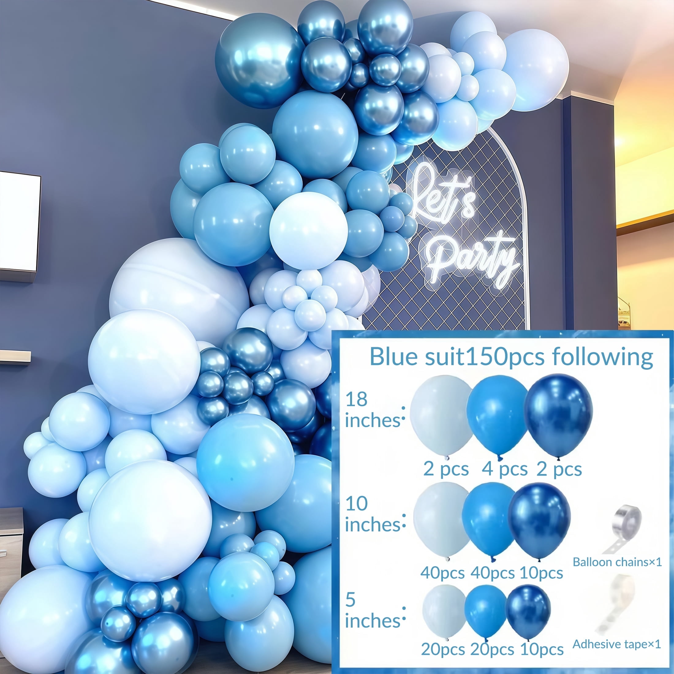 GOODOOSOO 145 Pcs Blue and White Balloon Set – Includes Baby Blue, White, and Dark Blue Balloons – Perfect for Birthday Parties, Baby Showers, and Celebrations