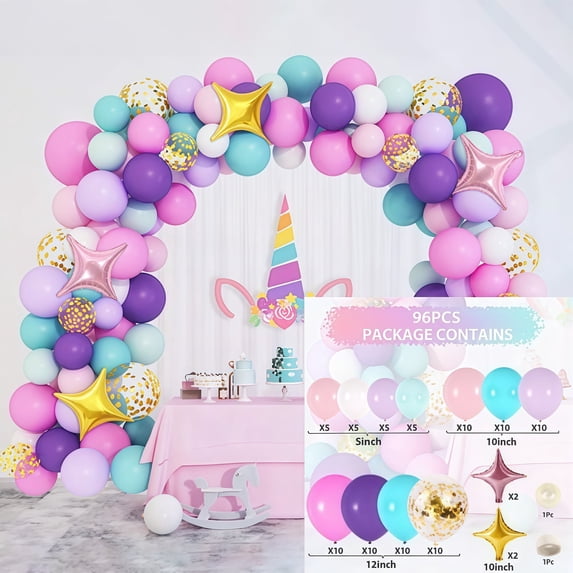 GOODOOSOO 92Pcs Pastel Balloon Set with Macaron Colors Includes Pink, Yellow, Light Purple, Baby Blue, Light Green Balloons, and Gold Stars Perfect for Birthday Parties, Baby Showers