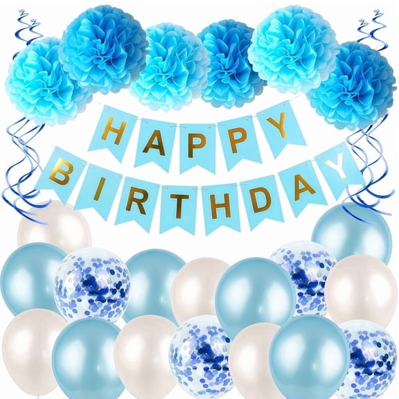 GOODOOSOO Birthday Party Decoration Kit with Balloons, Banner, Paper Flower Balls, Spiral Charms & Confetti Balloons Blue Theme for Boys & Girls Celebrations