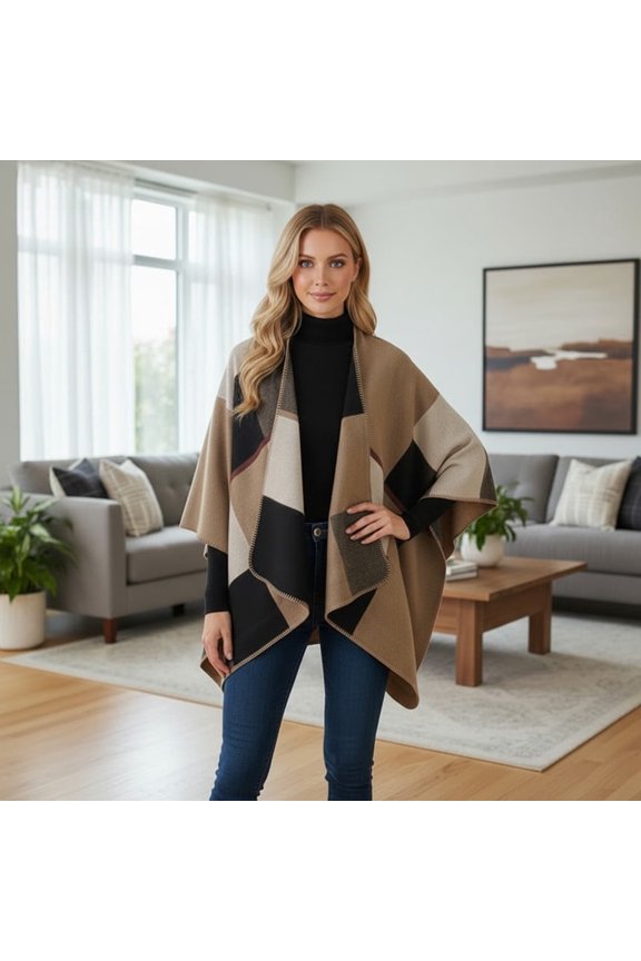 Women’s Fringe Shawl – Oversized Acrylic Poncho Wrap, Open Front Cape Sweater for Layering, Travel & Everyday Style