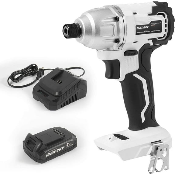 GOODSMANN Brushless Cordless Impact Driver for Screwing and Unscrewing, Max 250N.m Torque Variable Speed (0-2600RPM) 1/4? Anvil Size with LED Light 20V 2000mAh Lithium-Ion Battery Charger 9904-B203-01