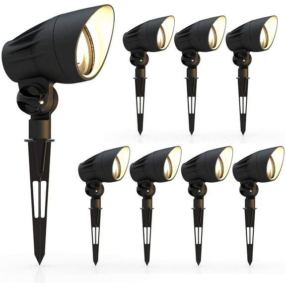 GOODSMANN Landscape Lighting Flood Light Low Voltage Spotlight 50W Halogen with Metal Spike and Connector 380 Lumens Outdoor Weatherproof Spotlight (8 Pack) 9920-9601-08