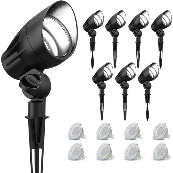 GOODSMANN Low Voltage Spot Light Landscape Lighting 8 PK 5W LED 6500K 400 Lumen for Outdoor Lighting with Metal Spike and Connector Garden, Pathway, and Driveway 9121-16102-08A