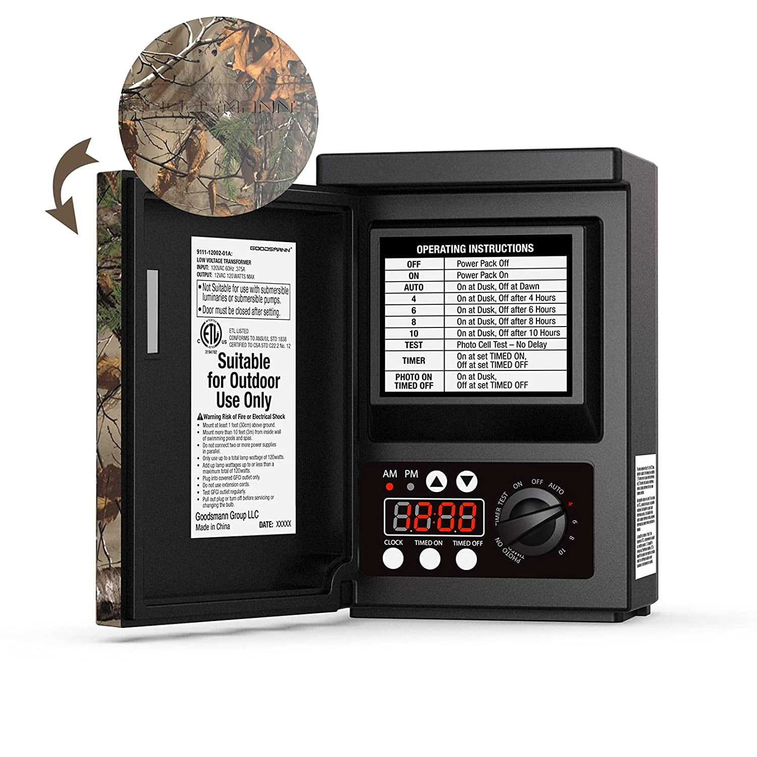 GOODSMANN Low Voltage Transformer 120W with Timer Photo Eye Outdoor Lighting  Transformer with Camo Pattern for Landscape Lights 120V AC to 12V AC 9111-12002-01A