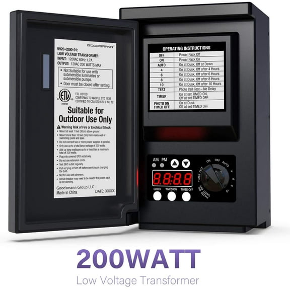 GOODSMANN Low Voltage Transformer 200 Watt with Timer, Photo Eye Sensor and Weather Shield for Outdoor Lighting 120V AC to 12V AC 9920-0200-01