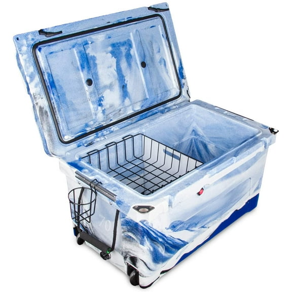 GOODSMANN Outdoor Camouflage 70 Quart Heavy-Duty Roto-Molded Camping, Fishing Cooler and Ice Box with Basket, Cup Holder and Cutting Board 9921-1170-C