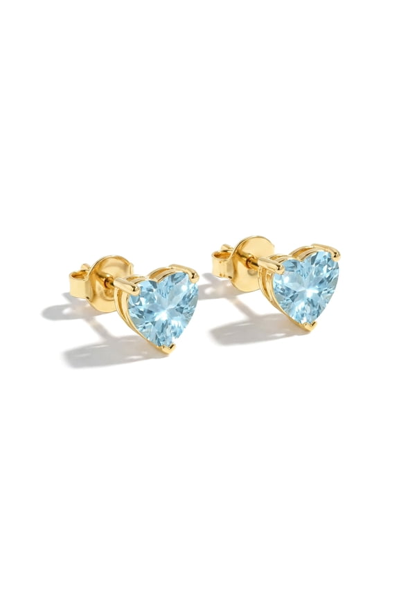 925 Sterling Silver Aquamarine Stud Earrings for Women in Yellow Gold Plated | Heart Shape Gemstone Push Back Earrings | March Birthstone Jewelry Gift for Her