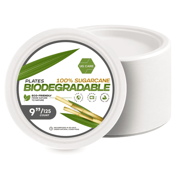 9 Inch Compostable Dinner Plates, 125 Count, GOODSZON Sugarcane Bagasse Round Plates, Heavy Duty Leak Resistant, Microwave Safe Disposable Plates for Parties, BBQ & Catering