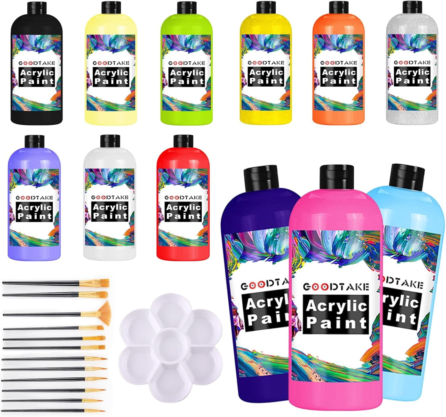 GOODTAKE 12 Colors Acrylic Paint Set with 12 Paint Brushes and Palette - 7 Fl.oz Each Bottle Acrylic Paints - Artists Painting Kit for Canvas Fabric Rock Leather Easter Egg Wood Ceramic Glass