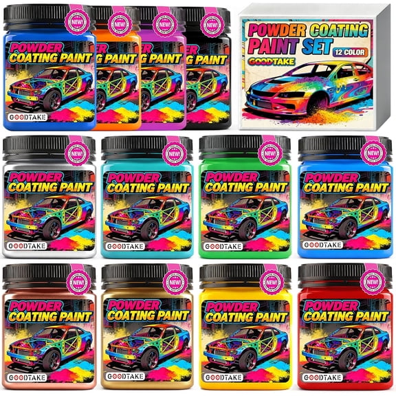 GOODTAKE 12 Colors Powder Coating Kit in Jars: Black, Red, Blue, Gold, Silver, Rose Gold, Yellow, Green, Orange, Navy, Turquoise & Pink | Powder Paint Set for Metal, DIY Projects