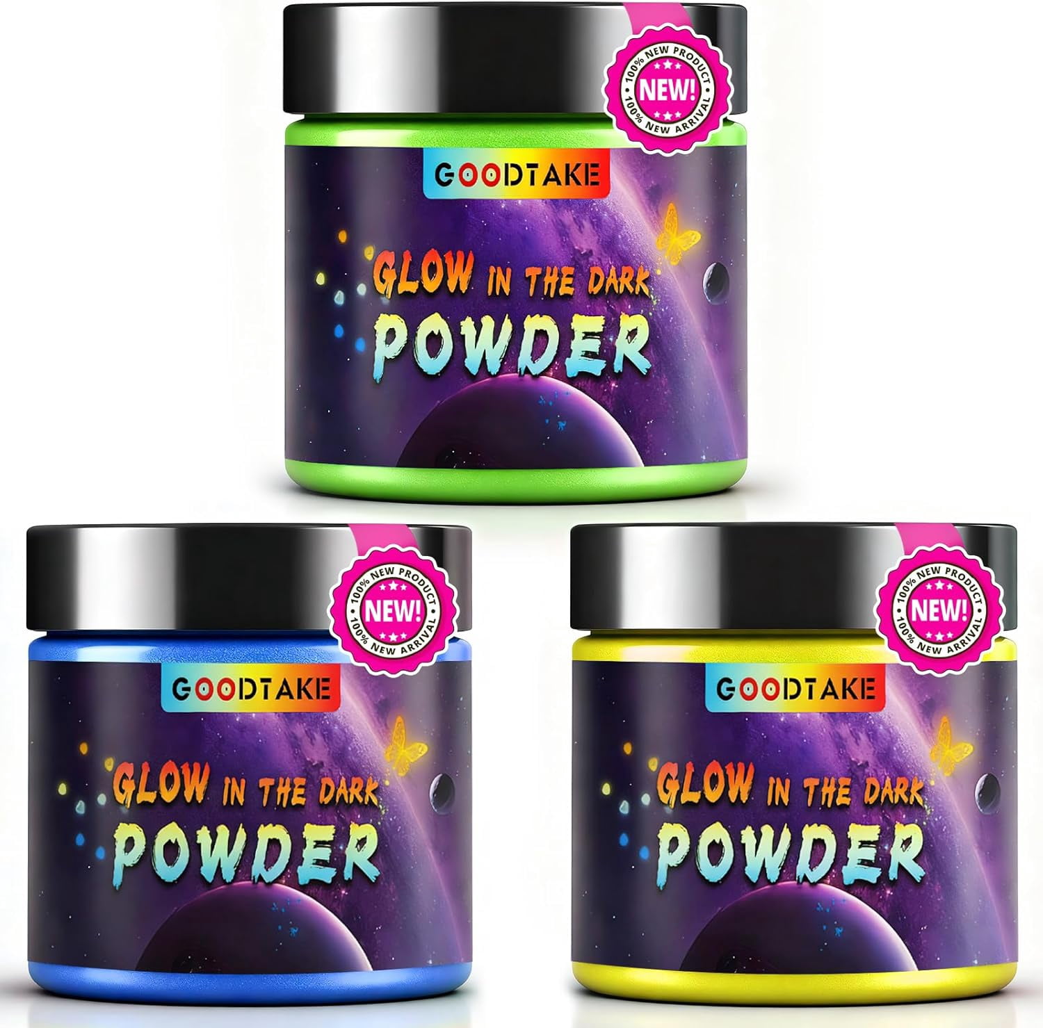 GOODTAKE 3 Colors Glow in The Dark Powder Set, Blue,Yellow & Green Glow Powder, Epoxy Resin Dye Luminous Pigment Powder for Fine Art, DIY Nail Art, Paint, Cosmetics (3 Colors, 2 oz Each Color)