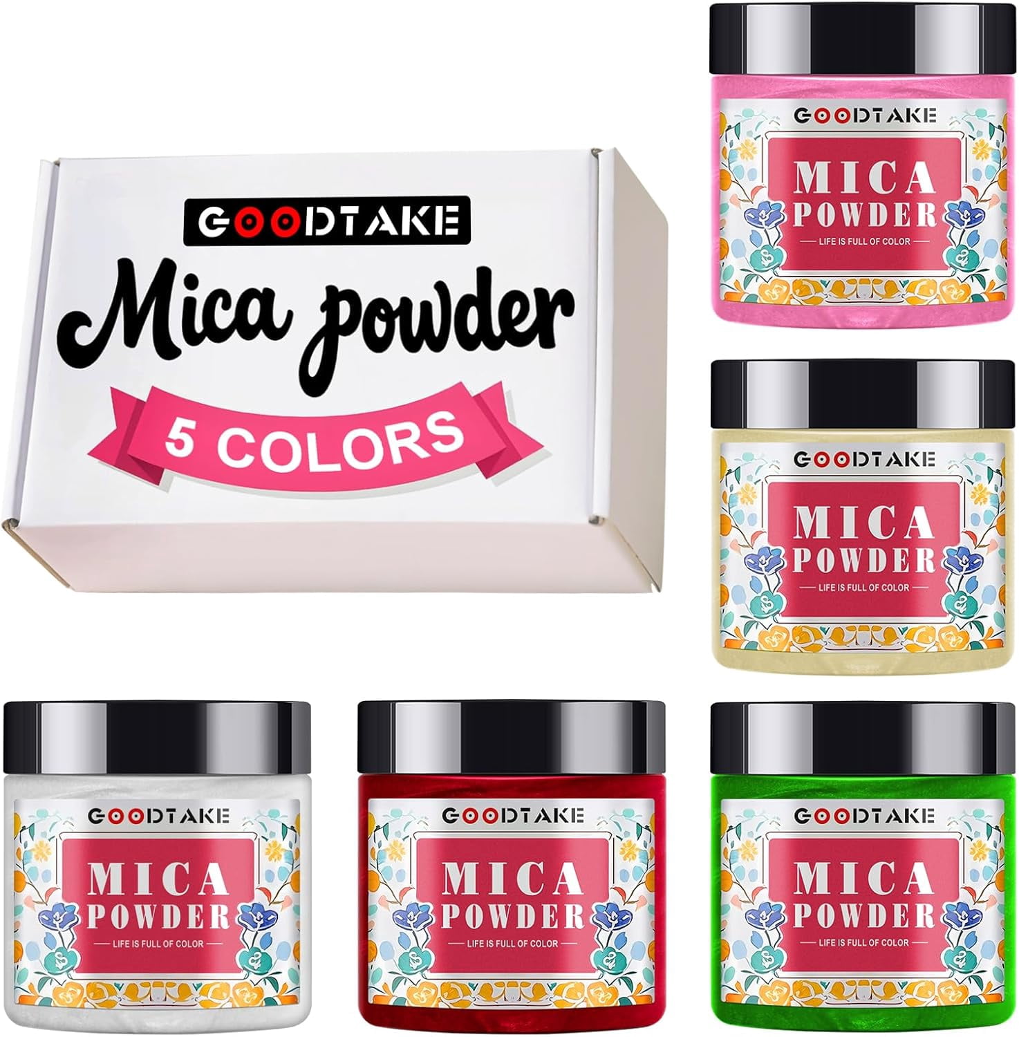 GOODTAKE 5 Colors Mica Powder for Resin | Resin Color Pigment | Mica Powder for Soap Making, Candle Making, Bath Bomb, Slime Pigment - Pure Natural (5 Colors)