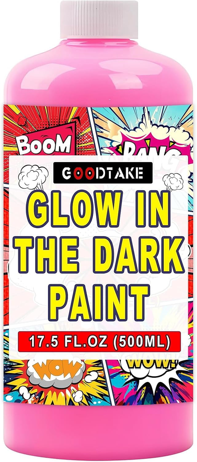GOODTAKE 500ml (17.5oz) Glow In The Dark Paint – Large Size (4X Bigger Than 120ml) – Vibrant Neon Colors for Canvas, Wood, Fabric & Crafts – Black Light Paint (Hot Pink, 17.5 Fl Oz)